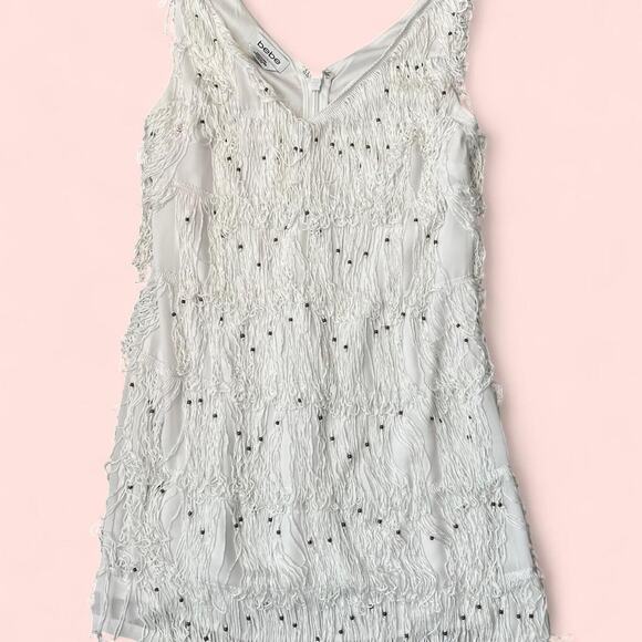 Vtg bebe white beaded fringe dress - Picture 1 of 4